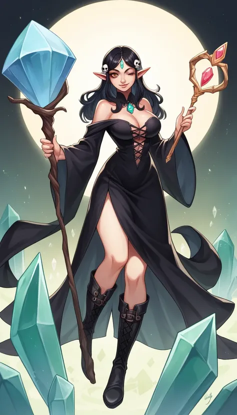 thigh to head shot, 1girl, smile, wink, large breasts, cleavage, glossy lips, pointy ears, long black hair, skull hairpin, (black robe, golden details), looking at viewer, slighly rotated body, black boots, (magic staff, crystal, gem), necromancy, undead, ...