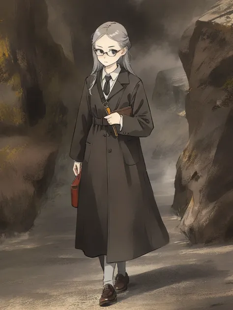 Masterpiece, Highest quality, Low Contrast((must))A Russian girl in her early 20s with ash grey hair, Head to toe full body, wearing simple eyeglasses, searching in the heritage, The face is dense((must))