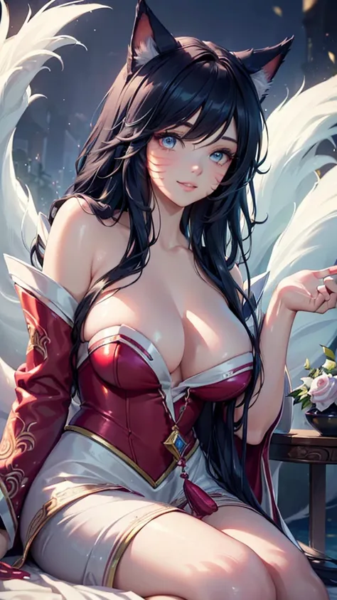 (best quality,ultra-detailed,realistic:1.37),Ahri,spa,luxurious,relaxing atmosphere,beautiful detailed eyes,beautiful detailed lips,smiling,bathrobe,sitting upright,black hair,nine white tails,peaceful background,portraits,vivid colors,soft lighting,tranqu...