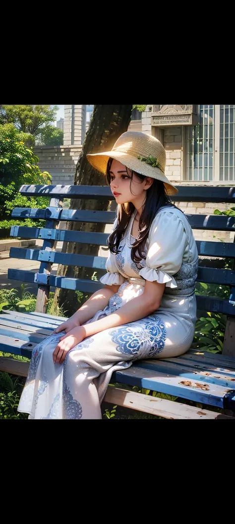 a girl sitting on a bench, sunny day, tree behind her, leaves, soft colors, beautiful detailed eyes, beautiful detailed lips, extremely detailed eyes and face, long eyelashes, intricate detailed face, delicate facial features, elegant pose, natural lightin...