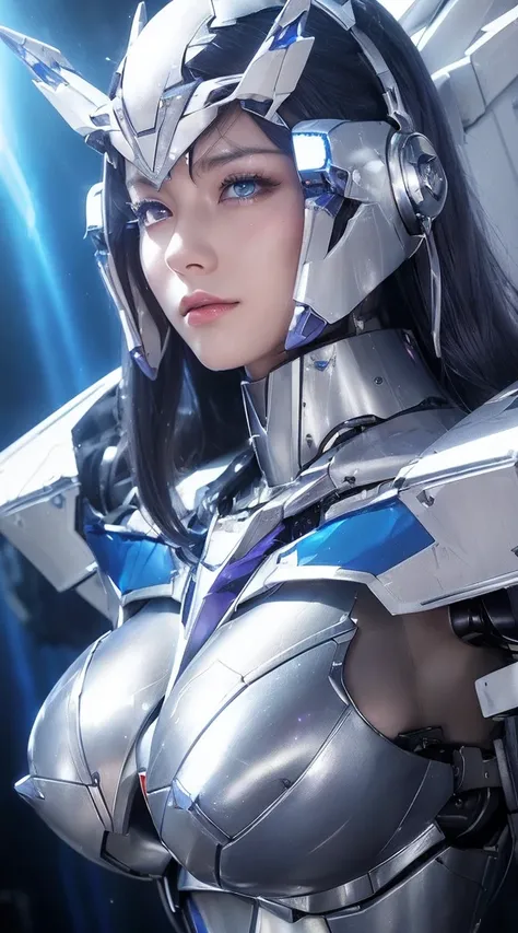 ((Extreme close up:1.6))、(((Lenses shining on both breasts:1.3)))、((Blue pillars of light radiate from both of his chests..:1.3))、break、(((Dynamic pose:1.8)))、smile、((8K)), ((32k)), ((Highest quality)), ((masterpiece)), ((超A high resolution)), ((Tmasterpie...