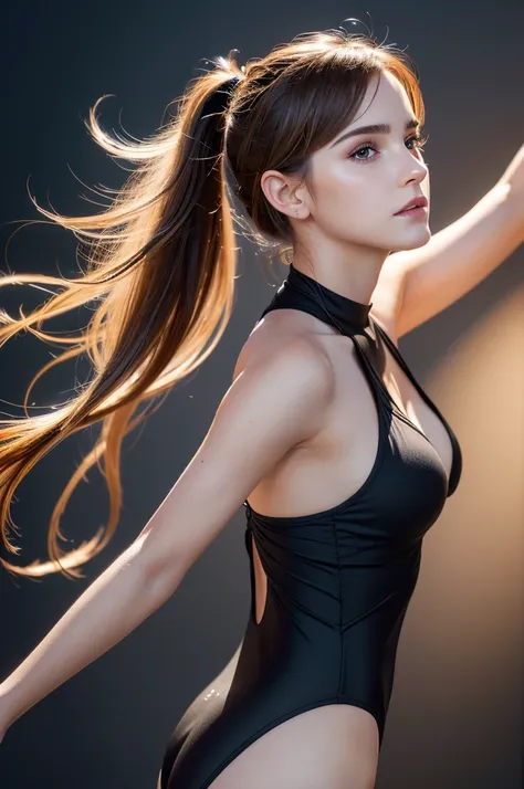 Close-up of a woman with a ponytail and a black dress, Emma Watson wearing fancy fish, Emma Watson, photo of Emma Watson in swimsuit, Emma Watson wearing a swimsuit, Emma!! Watson!!, photo of Emma Watson, of Emma Watson, Emma Watson as driada, face of Emma...