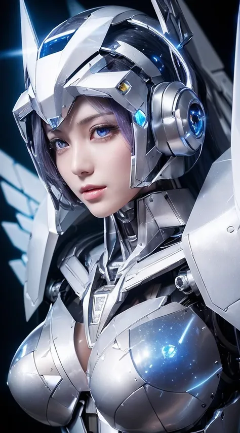 ((Extreme close up:1.6))、(((Lenses shining on both breasts:1.3)))、((Blue pillars of light radiate from both of his chests..:1.3))、break、(((Dynamic pose:1.8)))、smile、((8K)), ((32k)), ((Highest quality)), ((masterpiece)), ((超A high resolution)), ((Tmasterpie...