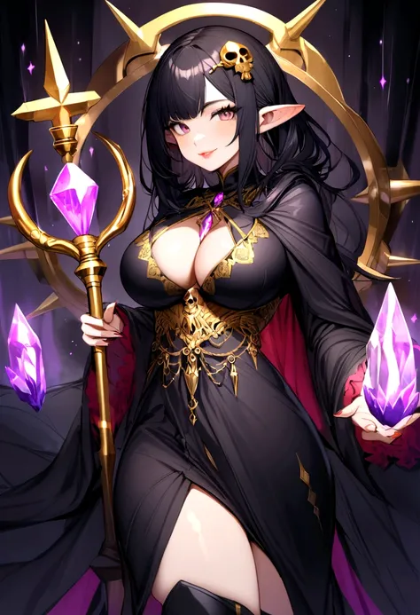 thigh to head shot, 1girl, smile, wink, large breasts, cleavage, glossy lips, pointy ears, long black hair, skull hairpin, (black robe, golden details), looking at viewer, slighly rotated body, black boots, (magic staff, crystal, gem), necromancy, undead