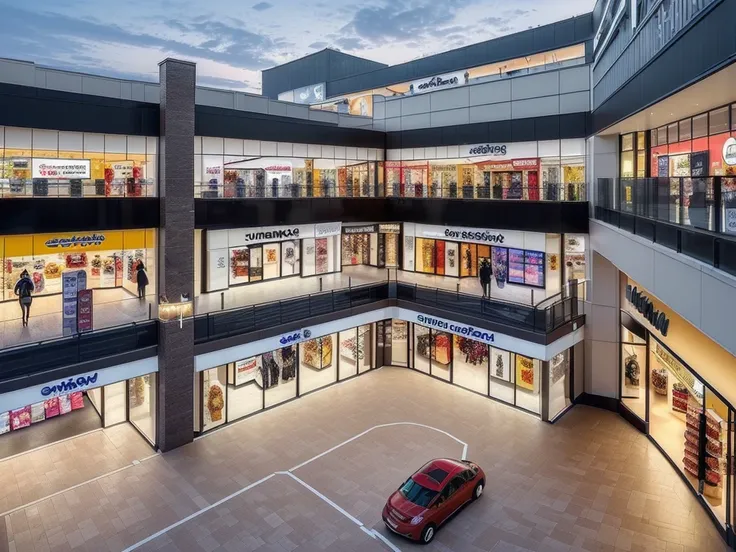 (((Masterpiece))), (high quality),(Very small shopping mall,Daytime.unmanned,All the lights are off:1.5),(All the stores are independent and all have one floor.:1.5),There is a parking lot in front of the shopping mall,There is no car in the parking lot,Lo...