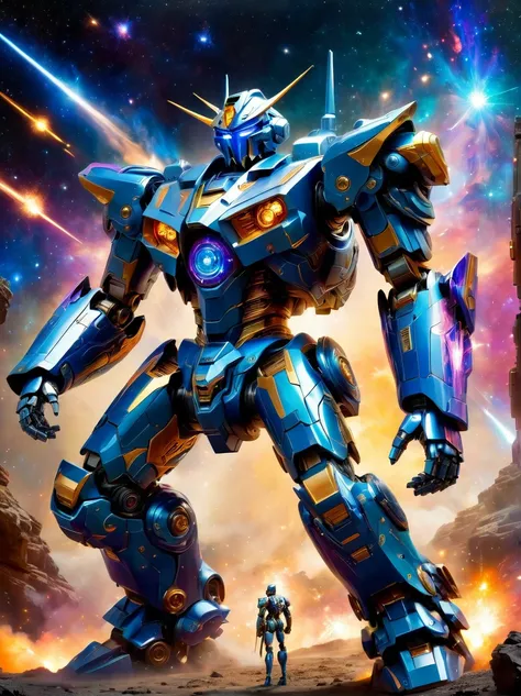 Imagine a scene in outer space. A highly intricate mecha, reminiscent of popular intergalactic robots, stands tall. Its metallic surfaces reflect the distant stars, and it has an intimidating aura. It is locked in a fierce battle with a warrior draped in c...