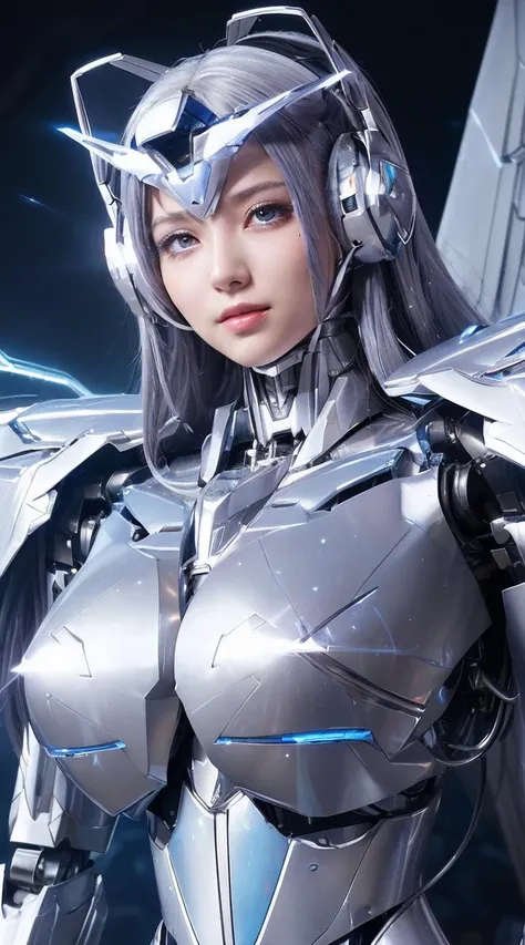 ((Extreme close up:1.6))、(((Lenses shining on both breasts:1.3)))、((Blue pillars of light radiate from both of his chests..:1.3))、break、(((Dynamic pose:1.8)))、smile、((8K)), ((32k)), ((Highest quality)), ((masterpiece)), ((超A high resolution)), ((Tmasterpie...