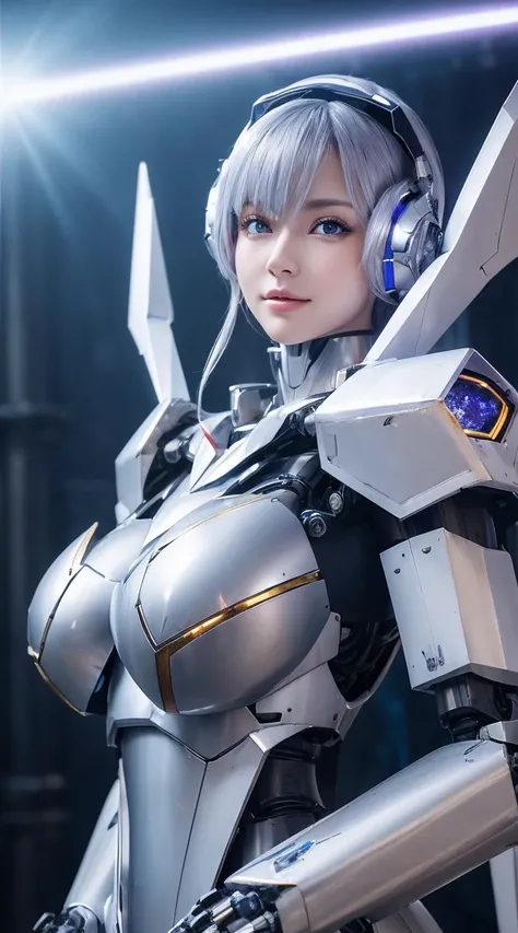 ((Intense action pose:1.6))、((Shining lenses on both breasts:1.3))、((Blue pillars of light are emanating from both chests.:1.3))、smile、((8K)), ((32k)), ((Highest quality)), ((masterpiece)), ((超A high resolution)), ((Tmasterpiece)), ((Halation:1.4))、((Mecha...