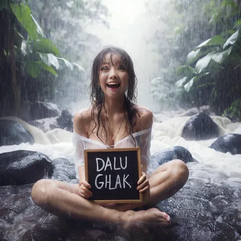 a joyfull chinese young chubby girl laughing while sitting under the rain in a lush, tropical setting with flowing water around ...