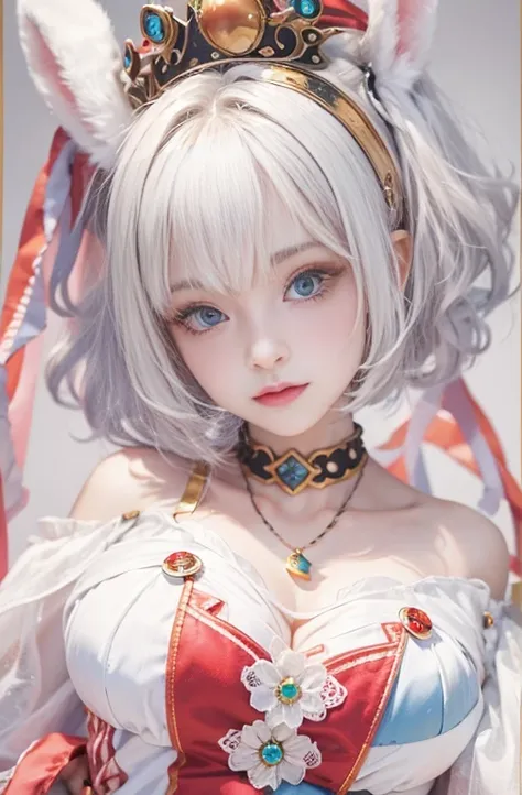 28 years old, Close-up portrait of a woman in a colorful clown costume、Shoulder out、thin、Serious expression、Short-haired、Deadly position, Gorgeous Necklace, Light milky porcelain skin, Smooth, Translucent white skin, Enchanting anime girl, Beautiful and se...