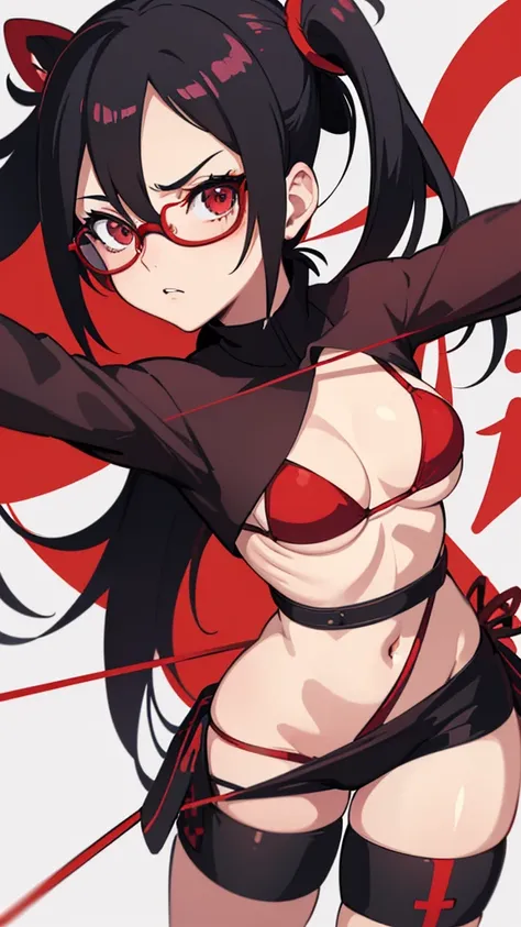 ((Best quality))((realistic))((full body))((face detail))A girl. Sarada Uchiha/(Boruto Characters)/ , Red glasses , string bikini , taking selfie , one eye close , turning back , hold thighs 