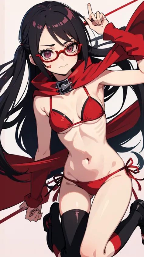 ((Best quality))((realistic))((full body))((face detail))A girl. Sarada Uchiha/(Boruto Characters)/ , Red glasses , string bikini , taking selfie , one eye close , turning back , hold thighs 