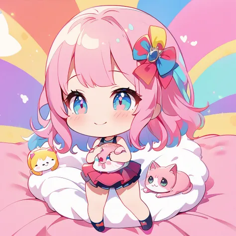 masterpiece、Highest quality、Depth of subject、((2D illustration))、1 beautiful girl、((colorful))、(((chibi style)))、((Long, beautiful hair))、Bright pink hair、ribbon、cute、Beautifully detailed eyes、Tank top、((mini skirt))、(((vivid color))、((bed))、stuffed toy、((...