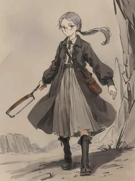 Masterpiece, Highest quality, Low Contrast((must)), A Russian girl in her early 20s with ash grey hair, Head to toe full body, wearing simple eyeglasses, searching in the heritage, The face is dense((must)), Archaeologist