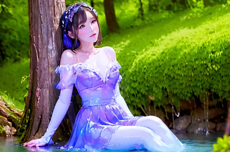 a fairy sitting nearby the lake made of her fluids