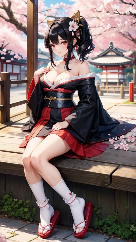 Black hair geisha hairstyle adult women，kimono，Off-shoulder，cleavage，long skirt，thigh，White socks，slippers，japanese town，Cherry blossoms