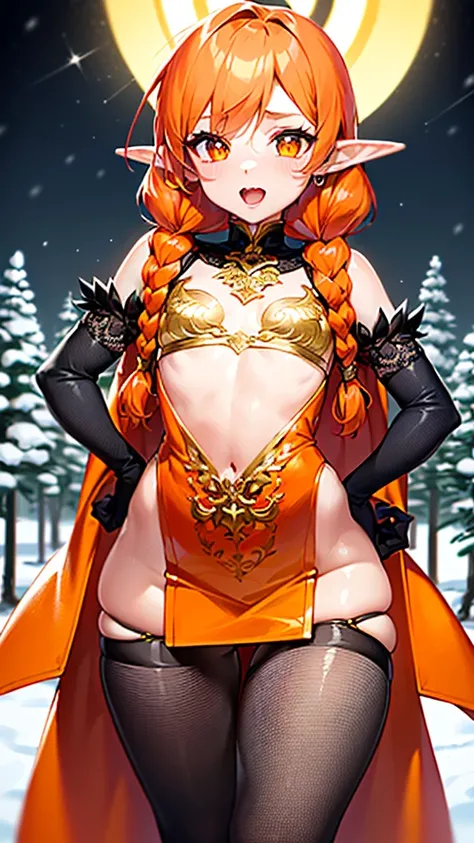 cute  elf,(((little ,tiny little body,little))),(((6 years old))),((anime elf  with extremely cute and beautiful orange hair)), (((elf))), (((elf ears))),

(((flat chest))),((((black hair:1.35,messy orange hair,long hair,huge braids,colored inner hair,ear ...