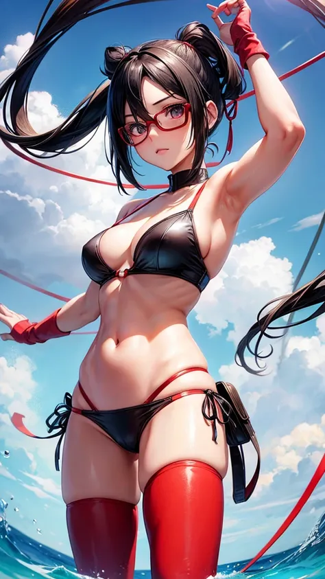 ((Best quality))((realistic))((full body))((face detail))A girl. Sarada Uchiha/(Boruto Characters)/ , Red glasses , string bikini , taking selfie , one eye close , turning back , hold thighs