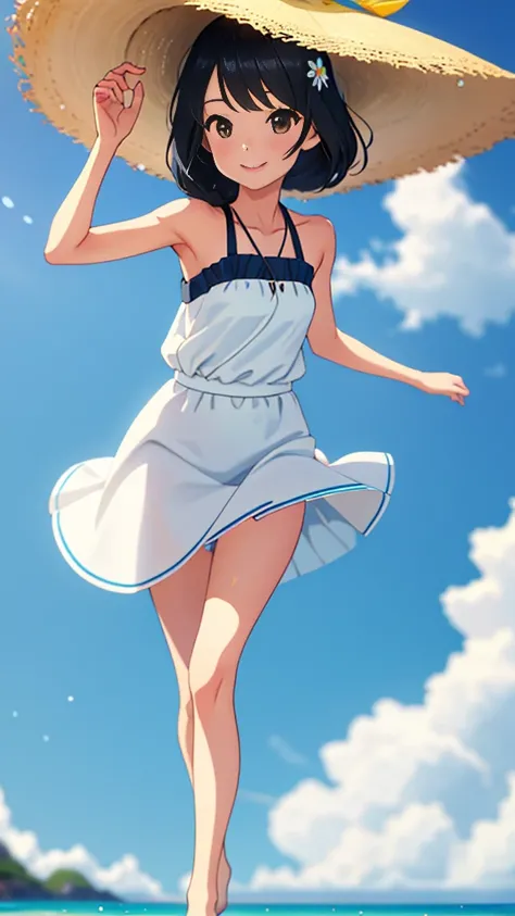 beach, best quality, masterpiece,、beautiful girl、slim、One person、Long Hair、White sleeveless、White dress、The skirt is short、running、A happy smile、口を開けて笑う、
sea beach，Black hair，daysieblurry，Background of bblurry，daysies，，cparted lips，the ocean，Summer daysies...