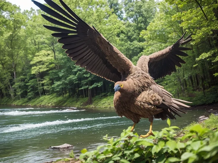 A big bird in the forest, by the river