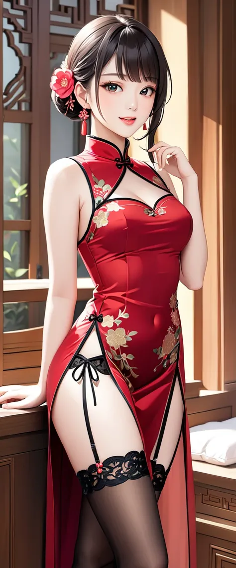 high resolution, Adult women , Good lighting, contemptible, , (no nudity), (((cheongsam))), (()), ((())), (Garter belt), Abdomen only, (),  ,  Cute face, I&#39;I很尴尬，Blushed, humiliation, ((Look back)), ((transparent))()(T-back)(Existing in large quantities...