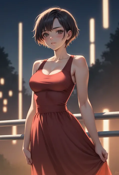 One girl, cowboy shot of beautiful There is, View your viewers, Red dress, Black Hair, blush, short hair, Sports Day Night, Volumetric lighting, Highest quality, masterpiece, Intricate details, Tone Mapping, Sharp focus, Super detailed, Trending on Art Sta...