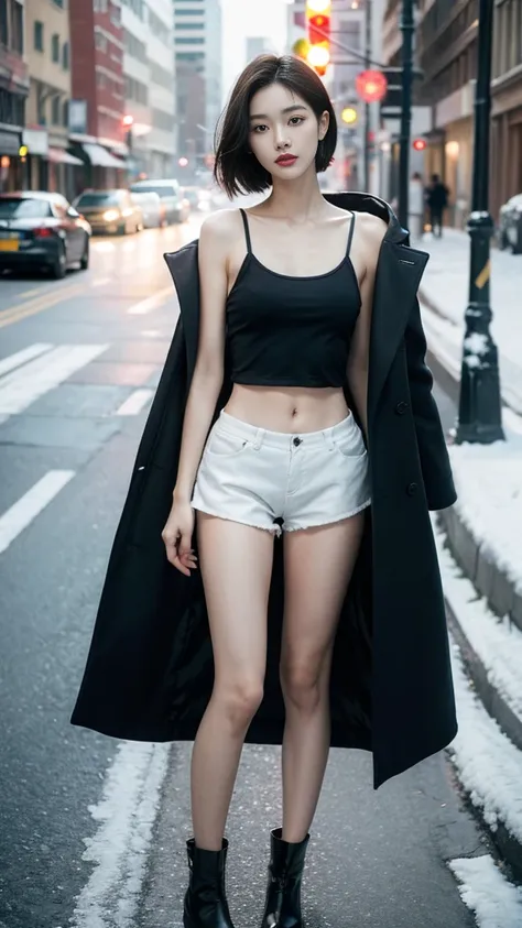 best quality, 4K, 8K, Delicate face, Clear face, pretty girl, Korean Makeup, Red lips, lol, Perfect body,Shoulder-length black short straight hair,Small Breasts,thigh,Slim,Thin, The girl wore a long and wide coat, Under the jacket is a top tube and tight s...