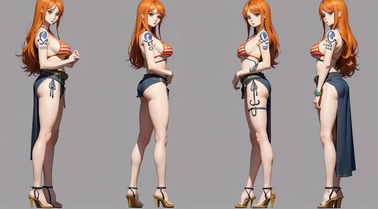 ((Best Quality)), ((Masterpiece)), (((detailed character sheet, frontal view, side view, three quarter view))) white background、one piece、US、whole body、whole bodyイラスト、whole bodyアニメーション、whole bodyリファレンスシート、High heels、Swimwear、Bikini、original、New World、Long ...