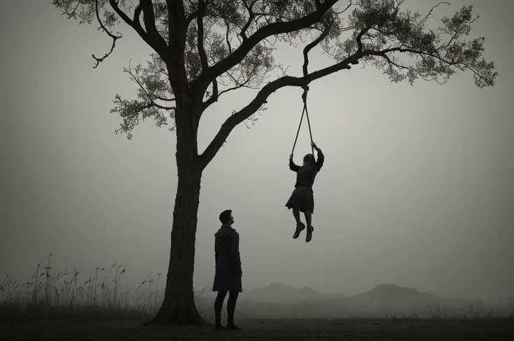 A haunting masterpiece, of unparalleled quality, showcasing a tragic scene of a teenage girl hanging from a tree. The rope around her neck, reminiscent of a hangmans noose, is rendered in exquisite detail, a testament to the artists skill. The atmosphere i...