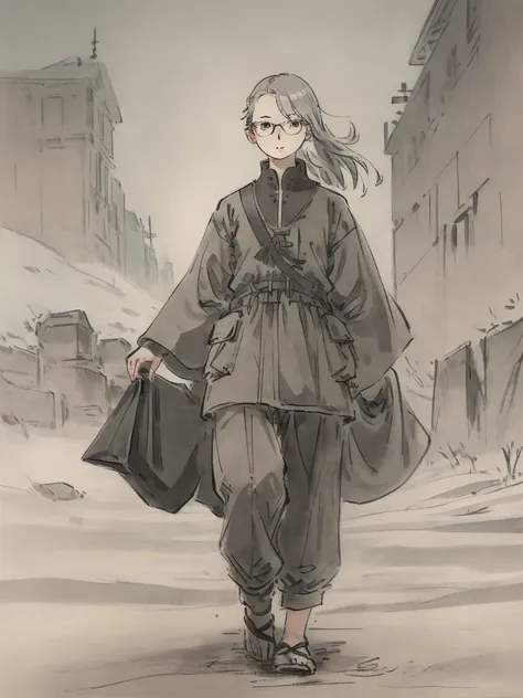 Masterpiece, Highest quality, Low Contrast((must)), A Russian girl in her early 20s with ash grey hair, Head to toe full body, wearing simple eyeglasses, searching in the World heritages, The face is dense((must)), Archaeologist, academic