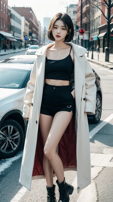 best quality, 4K, 8K, Delicate face, Clear face, pretty girl, Korean Makeup, Red lips, lol, Perfect body,Shoulder-length black short straight hair,Small Breasts,thigh,Slim,Thin, The girl wore a long and wide coat, Under the jacket is a top tube and tight s...