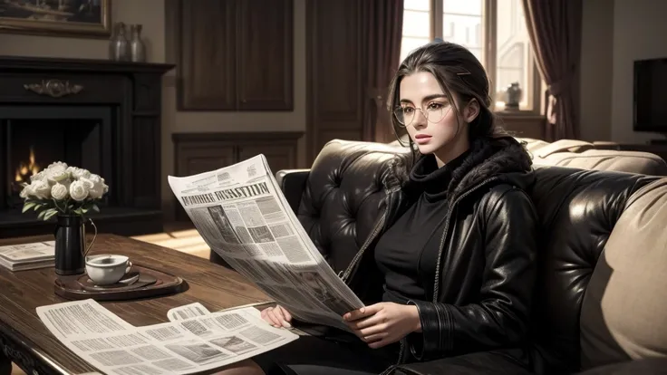 masterpiece, best quality, extremely detailed, hyperrealistic:1.1, photorealistic, a beautiful 20s russian woman model, ultra detailed face:1.1, sunglasses on head:1.1, black duffle coat, t-shirt, detailed living room, sitting, reading newspaper