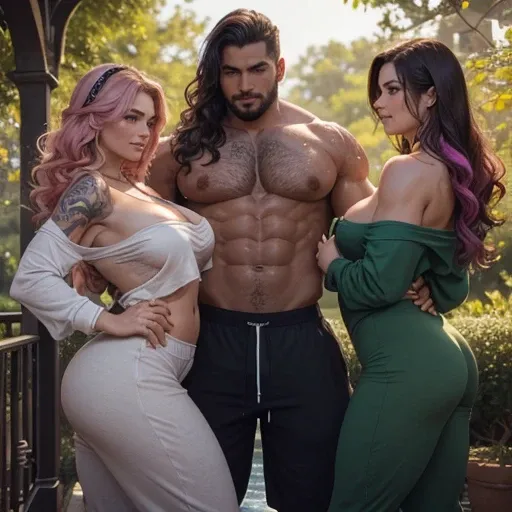 One shirtless rich SHORT-HAIRED  tall muscular man with his three girlfriends, everybody has unique hair colors and ethnicities, flirting and hugging and competing for love, his three girlfriends: Athletic Irish fit bodybuilding muscular 30 year old fitnes...