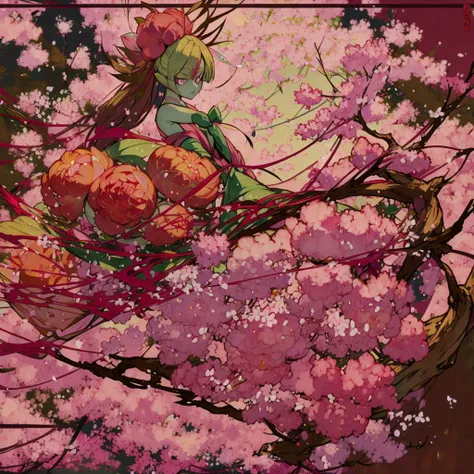 masterpiece, best quality, extremely detailed, アニメ, {{plant thorny shrub around her}}, monster girl, mandrake, flower girl, {{fusion of cherry blossom and girl, }}, {{{{lower body united with flower }},, Cherry-blossom color hair, crimson eyes, hair so lon...