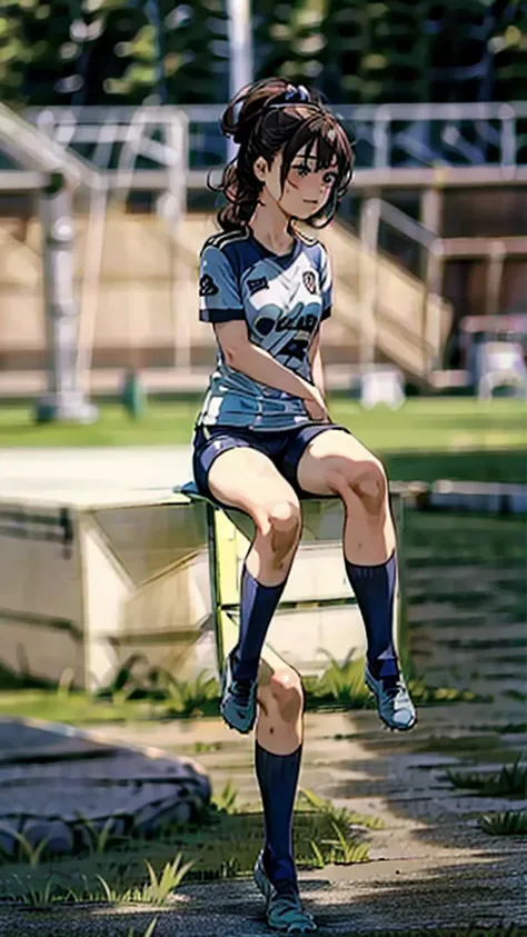 background soccer field,three woman,group  shot,sit,squat,open legs,torn uniform