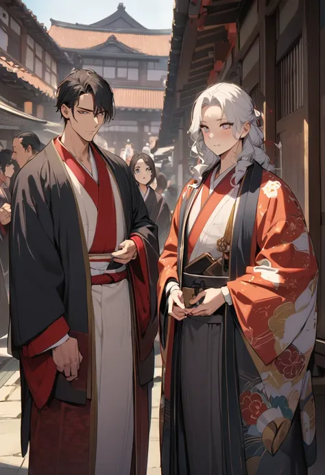 ((highest quality)), ((masterpiece)), (detailed), ((perfect face)),just、anime characters wearing kimonos in front of a building,...