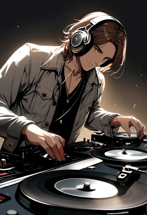 Man, slightly long brown hair, slightly rounded face, with DJ headphones and turntables, en haut du mont blanc