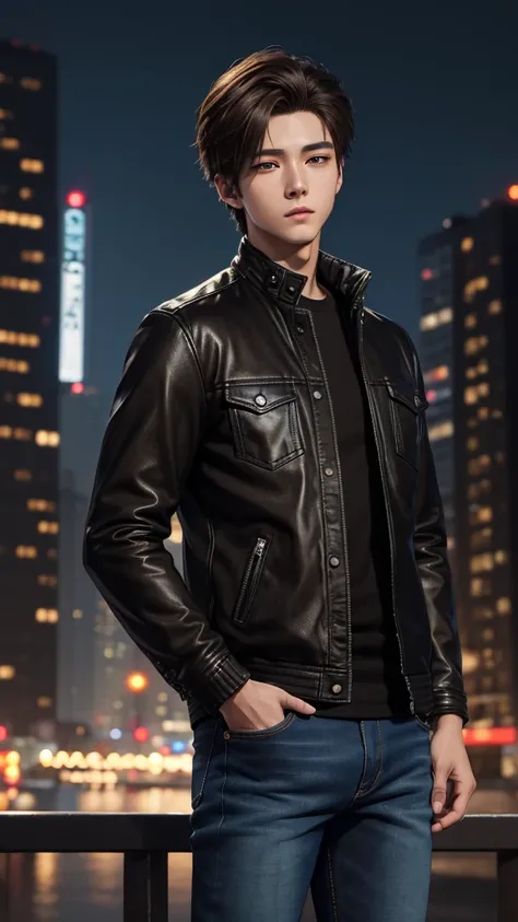 Anime, masterpiece, best quality, extremely detailed, hyperrealistic, photorealistic, Anime young boy 20 years, black jacket, jeans, perfect face, brown hairs, realistic skin, ultra detailed face:1.1, modern city, night, megapolis, serios