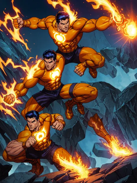 a cartoon of marvel comic book characters 'the thing' and 'the human torch'. the thing is an orange rock man in a blue shorts, p...