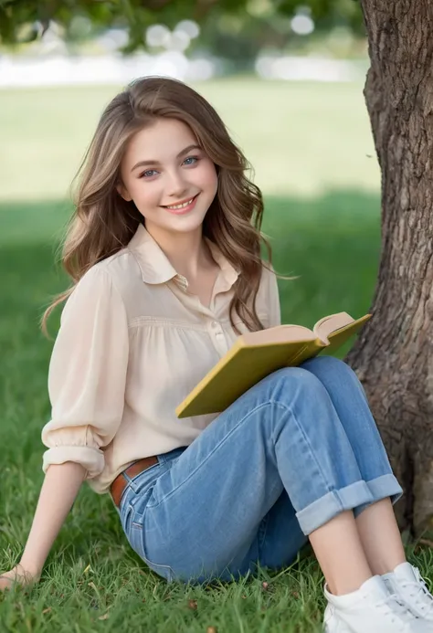 masterpiece, best quality, ultra-detailed), portrait of an 18-year-old woman with light brown hair, curled green eyes, beige blouse and blue jeans smiling blue shorts sung from under a tree (leaning against the tree) and reading a brown book -auto utra rea...