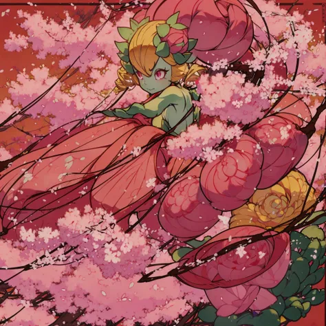 masterpiece, best quality, extremely detailed, アニメ, {{plant thorny shrub around her}}, monster girl, mandrake, flower girl, {{fusion of cherry blossom and girl, }}, {{{{lower body united with flower }},, Cherry-blossom color hair, crimson eyes, hair so lon...