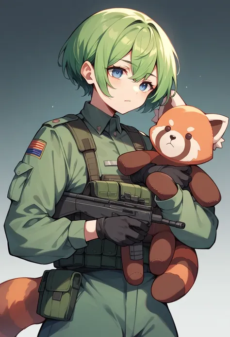 Green Hair　girl　Blue Eyes　Short Hair　Red panda stuffed toy　Second Dimension　anime　Combat Uniform　An illustration　