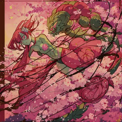 masterpiece, best quality, extremely detailed, アニメ, {{plant thorny shrub around her}}, monster girl, mandrake, flower girl, {{fusion of cherry blossom and girl, }}, {{{{lower body united with flower }},, Cherry-blossom color hair, crimson eyes, hair so lon...