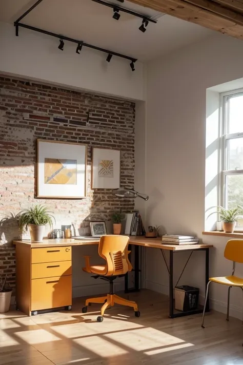 Help me create a small office, with oak colored MDF desk, comfortable white chair, frame with abstract painting in orange and yellow colors, a small potted plant, exposed brick wall, wood floor, plaster lining, warm lighting, silverware and books. ((detail...