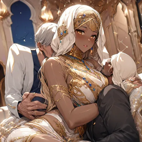 ((Highest quality)), ((masterpiece)), (detailed), （Perfect Face）、The woman is a Muslim Arab woman named Tsukino Usagi with vivid brown skin, and she is wearing a gorgeous, glittering Arab national costume with gold embroidery, a gorgeous hijab, a gorgeous ...