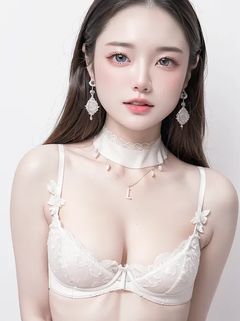 White Background、Professional Lighting、(((Professional Lighting 1.5)))、Translucent skin texture、Beautiful Skin、Beautiful Skin、、(((Whitening 1.5)))、White Bra、See-through、、Ecstasy of Musical Notes、((White Bra1.5))、See-through1.5、Bust up photo、Simple earrings...