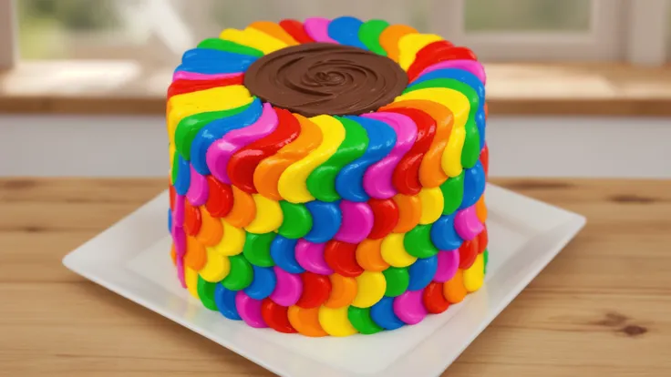 on a wooden table. there is a square white plate. rainbow cream cake. smears of cream in a checkerboard pattern, hole with choco...