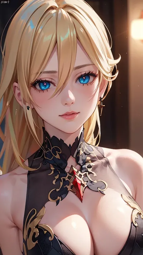 masterpiece*portrait, realistic, (photo realistic:1.4), (masterpiece, side-lighting, shining blonde hair, beautifully detailed eyes: 1.2), 3D anime, face, glowing eyes, shiny hair, shiny skin, alone, beautiful very large breasts, embarrassing, cleavage, ch...