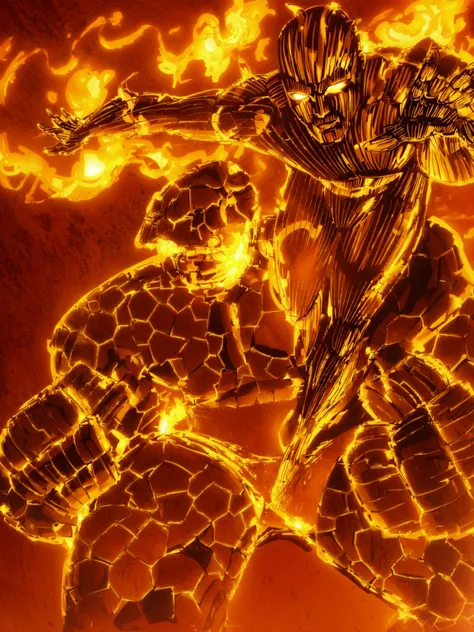 a cartoon of Marvel comic book characters The Thing and The Human Torch. The Thing is an orange rock man in a blue shorts, positing on rock super hero pose, from the thing, high detail iconic character, posing for a fight intricate, crouching humanoid, the...