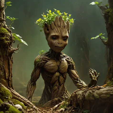 portrait, male, colossus (baby groot:1.8), big cute eyes, woody texture with green sprouts, in a playful pose, (soft focus), cap...